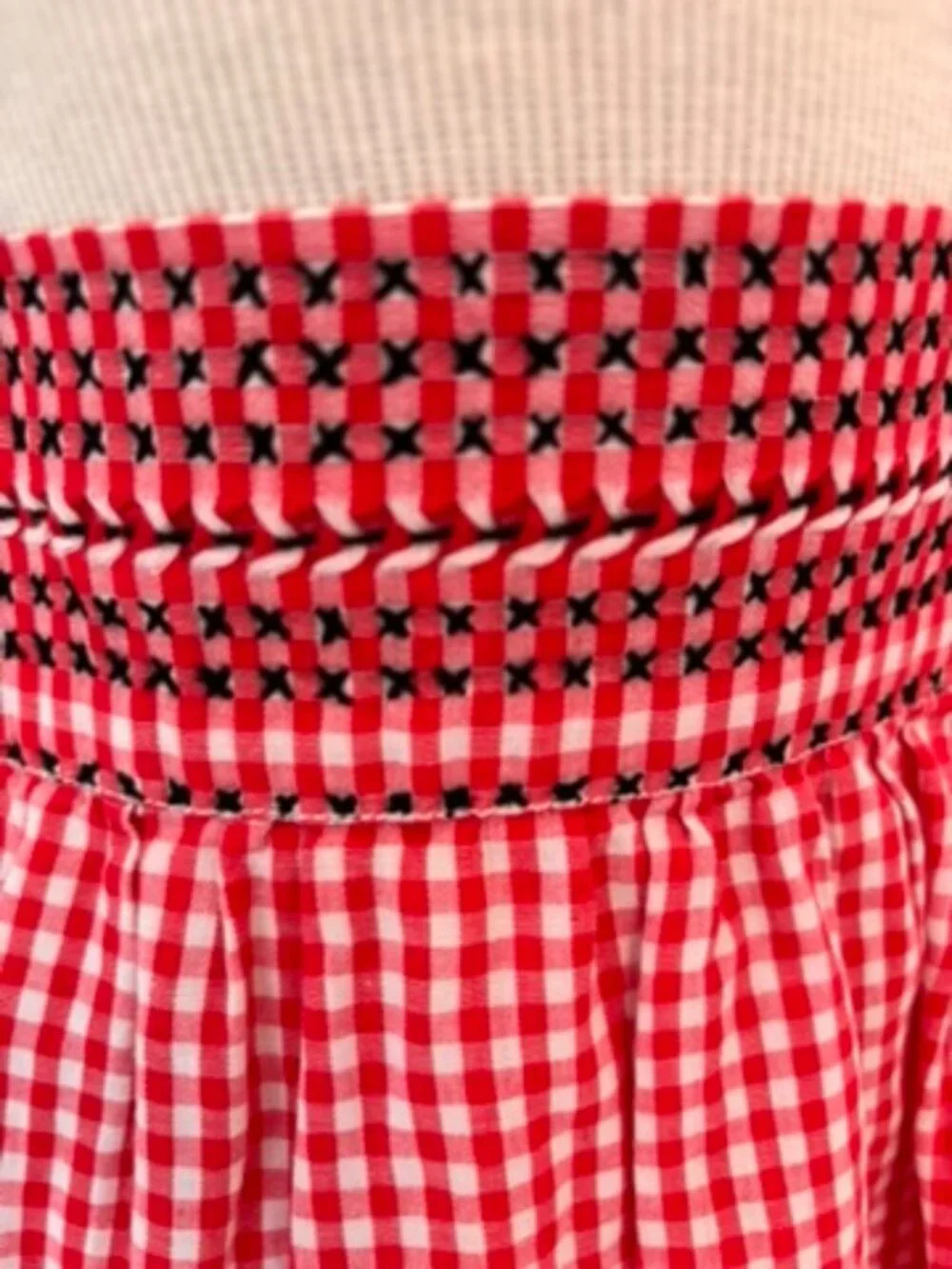 Vintage red and white gingham waist apron with cross stitch